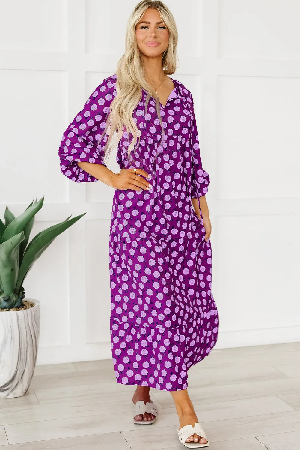 Purple Boho Printed Puff Sleeve Maxi Dress - Chic Meadow Boutique 