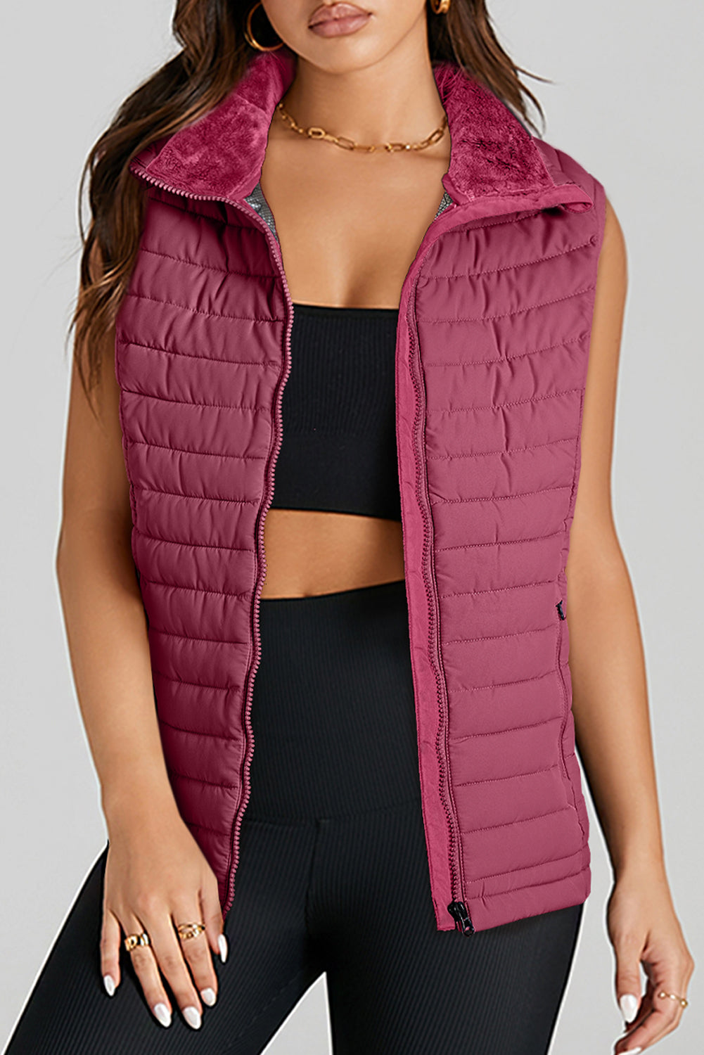 Burgundy Plush Collared Quilted Zipped Puffer Vest