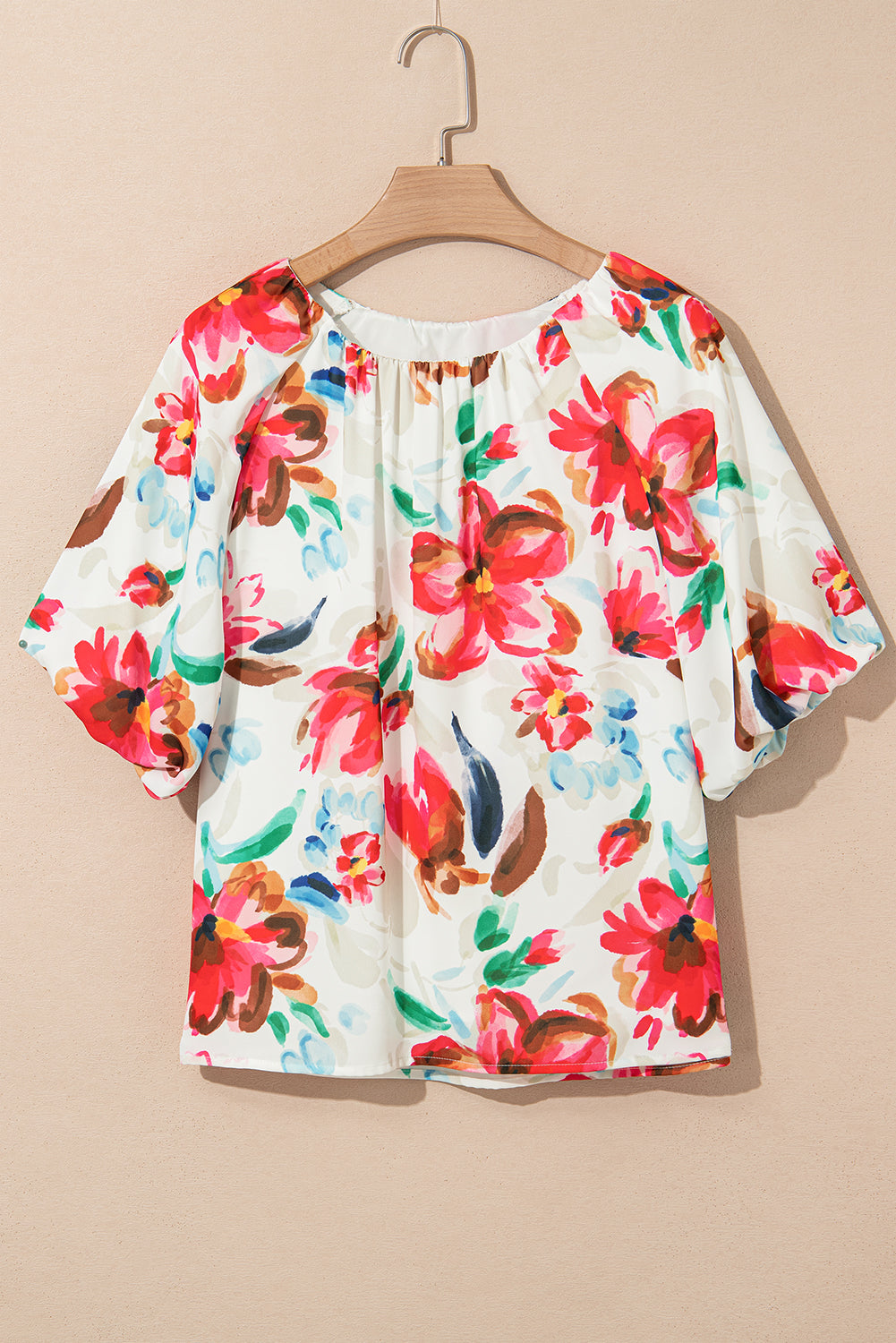 White Floral Print Puffy Half Sleeve Blouse