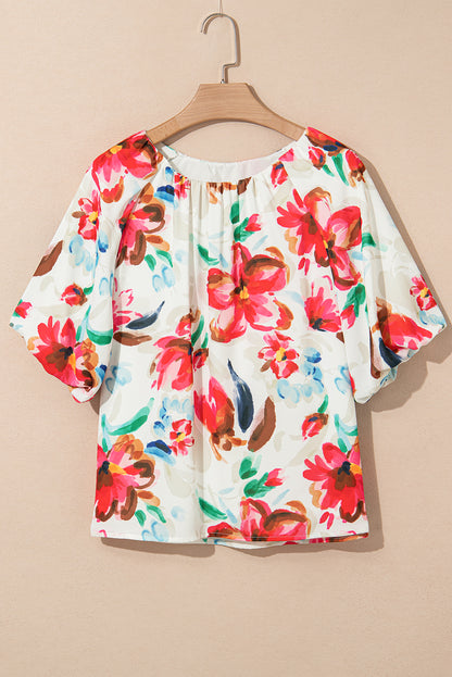 White Floral Print Puffy Half Sleeve Blouse
