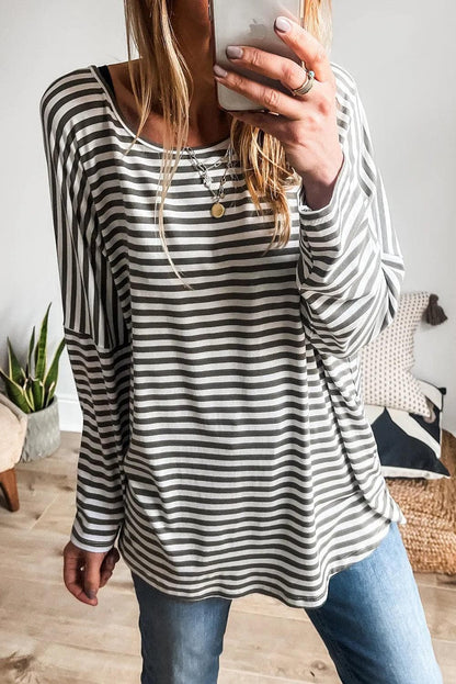 Tops/Long Sleeve Tops Gray Stripe / S / 95%Cotton+5%Elastane Gray Stripe Drop Sleeve Round Neck Oversized Long Sleeve Top