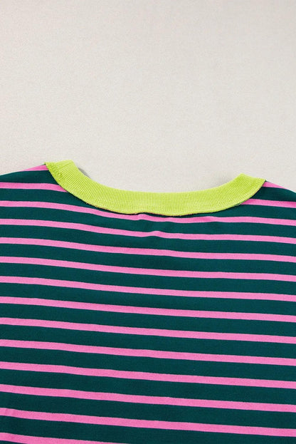 Tops/Tops & Tees Green Contrast Trim Exposed Seam High Low Stripe T Shirt