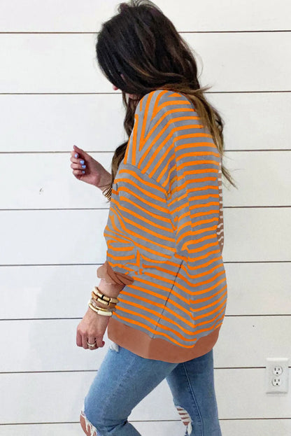 Brown Stripe Casual Stripe Colorblock Drop Shoulder Oversize Sweatshirt - Chic Meadow Boutique 