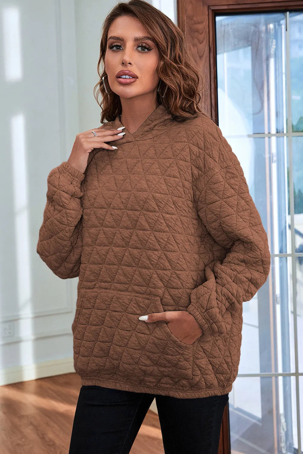 Coffee Solid Color Quilted Kangaroo Pocket Hoodie - Chic Meadow Boutique 