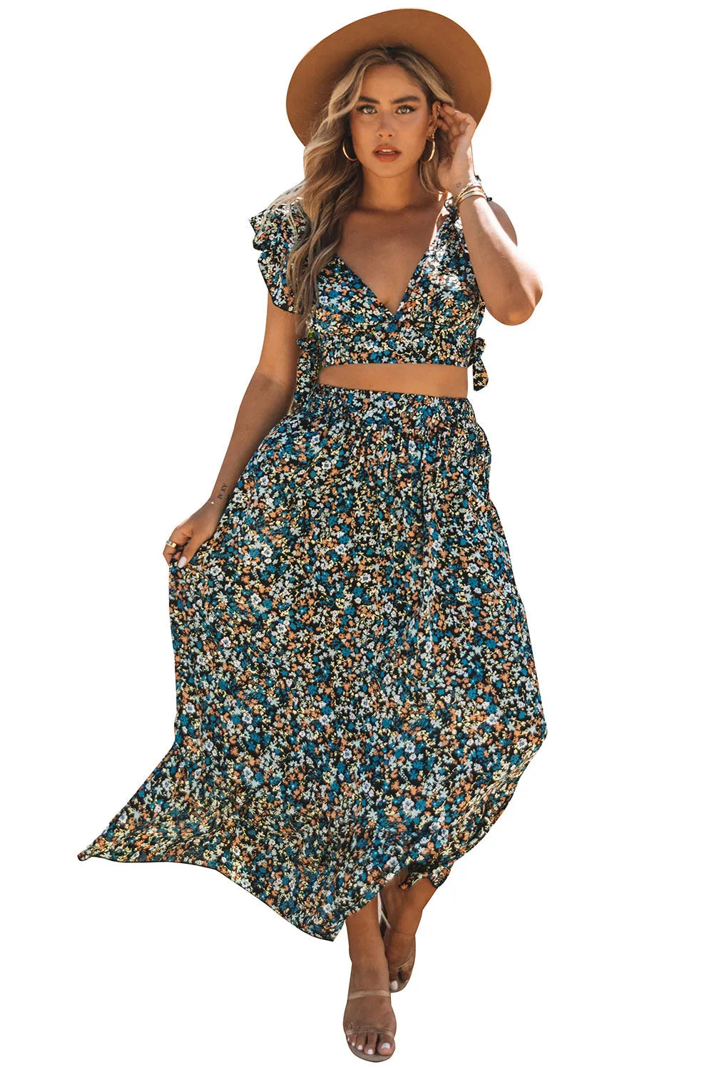 Multicolor Floral Ruffled Crop Top and Maxi Skirt Set - Chic Meadow Boutique 