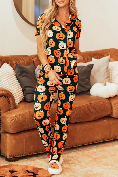 Orange Halloween Pattern Short Sleeve Shirt Pajama Set - Chic Meadow Boutique 