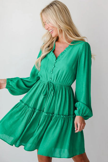 Sea Green Frilly V Neck Puff Sleeve Drawstring Shift Mini Dress - Chic Meadow Boutique 