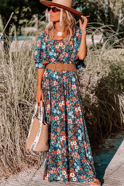 Sky Blue Floral Knotted Back Square Neck Maxi Dress - Chic Meadow Boutique 