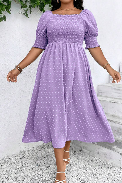 Wisteria Swiss Dot Smocked Frilled Neckline Short Sleeve Plus Size Dress