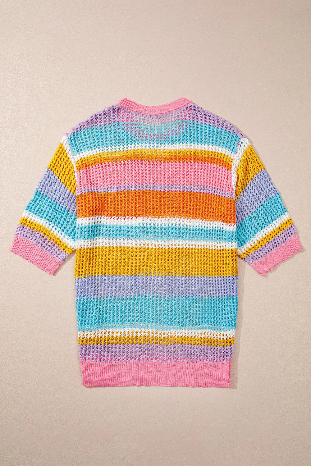 Pink Stripe Plus Size Open Knit Patch Pocket Short Sleeve Sweater - Chic Meadow Boutique 