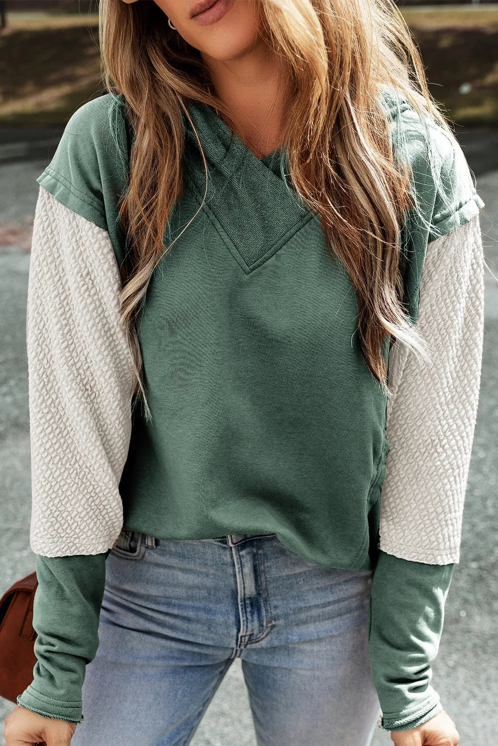 Mist Green Contrast Sleeves Patchwork Colorblock Hoodie - Chic Meadow Boutique 