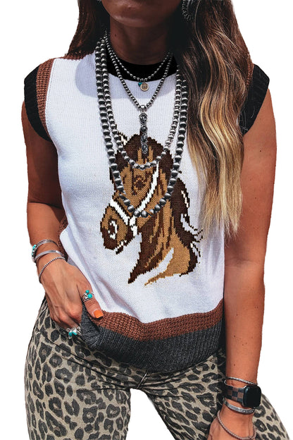 White Western Horse Head Colorblock Trim Sweater Vest