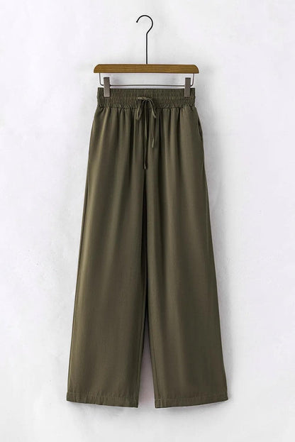 Bottoms/Pants & Culotte Green Brown Drawstring Elastic Waist Casual Wide Leg Pants