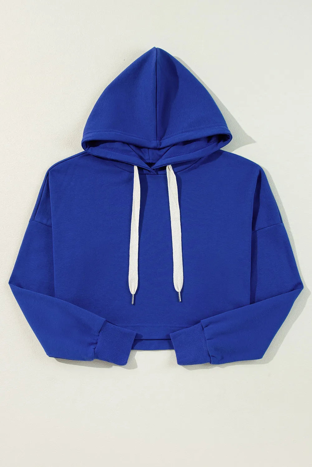 Dark Blue Solid Drop Shoulder Drawstring Cropped Hoodie - Chic Meadow Boutique 