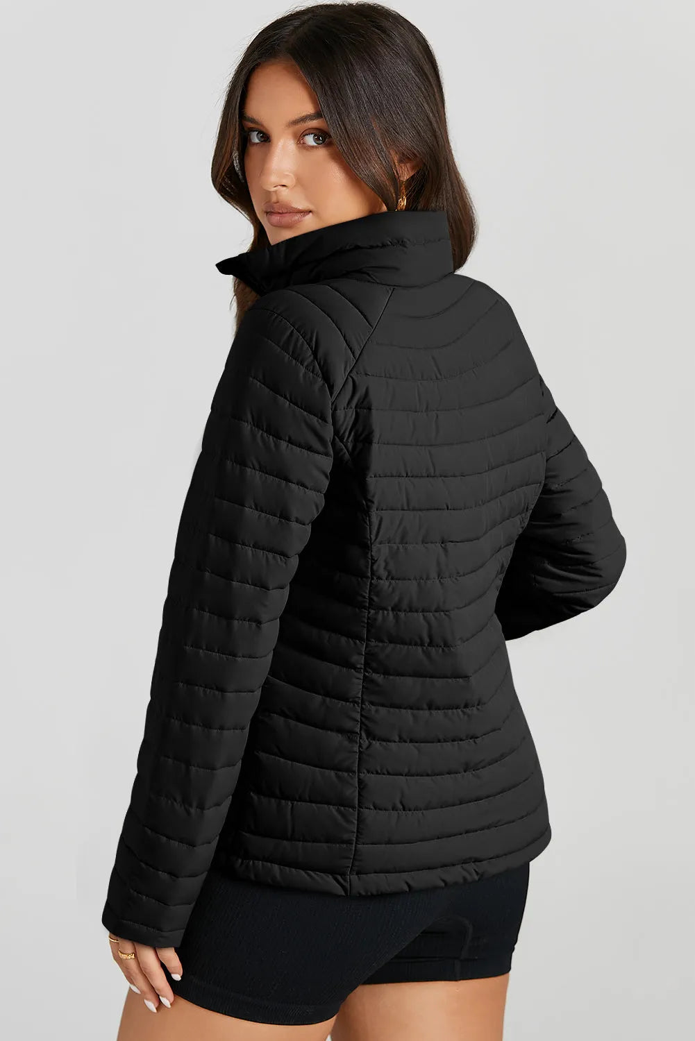 Black Solid Color Quilted Zip-up Puffer Jacket - Chic Meadow Boutique 