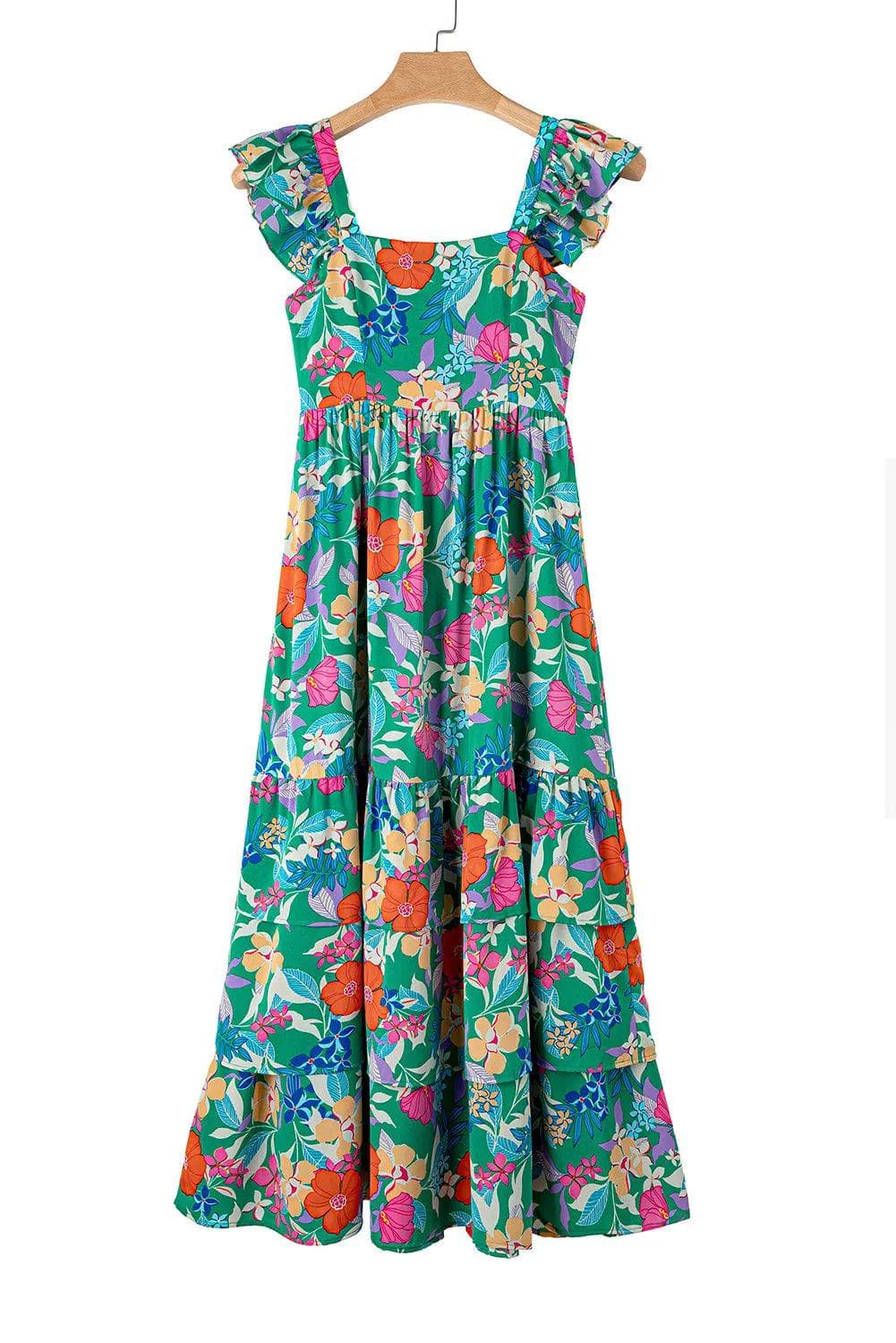 Dresses/Floral Dresses Green Floral Print Sleeveless Ruffle Tiered Maxi Dress