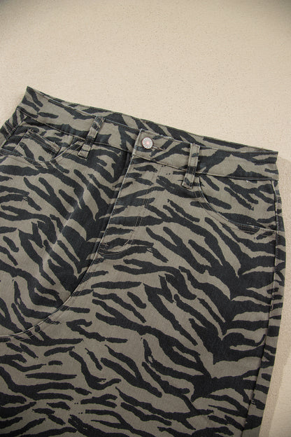 Brown Leopard Print Side Split Frayed Hem Denim Midi Skirt
