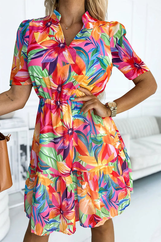 Multicolor Summer Floral Print V Neck Short Sleeve Dress - Chic Meadow Boutique 