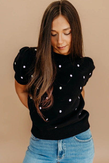 Black Elegant Polka Dot Bubble Short Sleeve Sweater