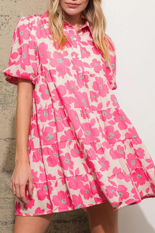 Dresses/Mini Dresses Pink / S / 100%Cotton Pink Floral Tiered Puff Sleeve Mini Shirt Dress