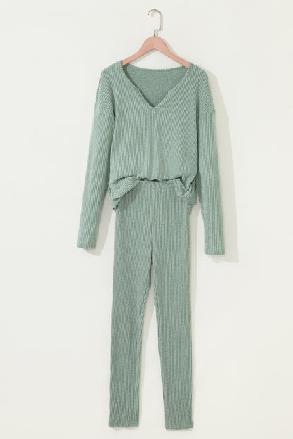 Grass Green Ribbed Notched Neck Knit Long Sleeve Leggings Two Pieces Lounge Set