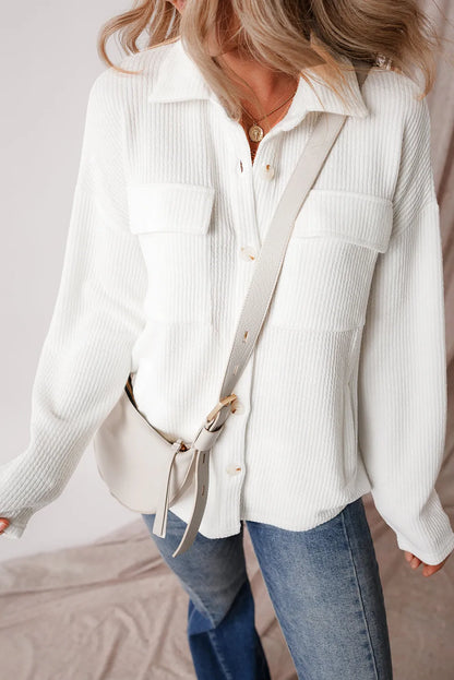 White Solid Color Corduroy Buttoned Long Sleeve Jacket - Chic Meadow Boutique 