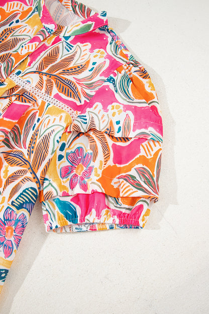 Rose Tropical Vacation Vibe Printed Button Up Short Sleeve Shirt