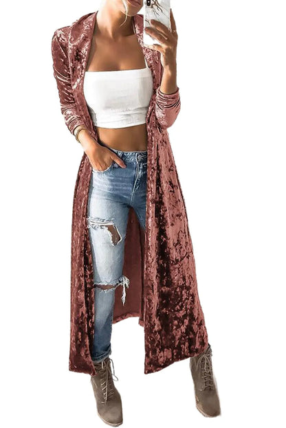 Pink Lapel Open Front Duster Velvet Cardigan - Chic Meadow Boutique 