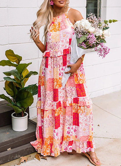 Multicolor Boho Geometric Floral Print Sleeveless Maxi Dress - Chic Meadow Boutique 