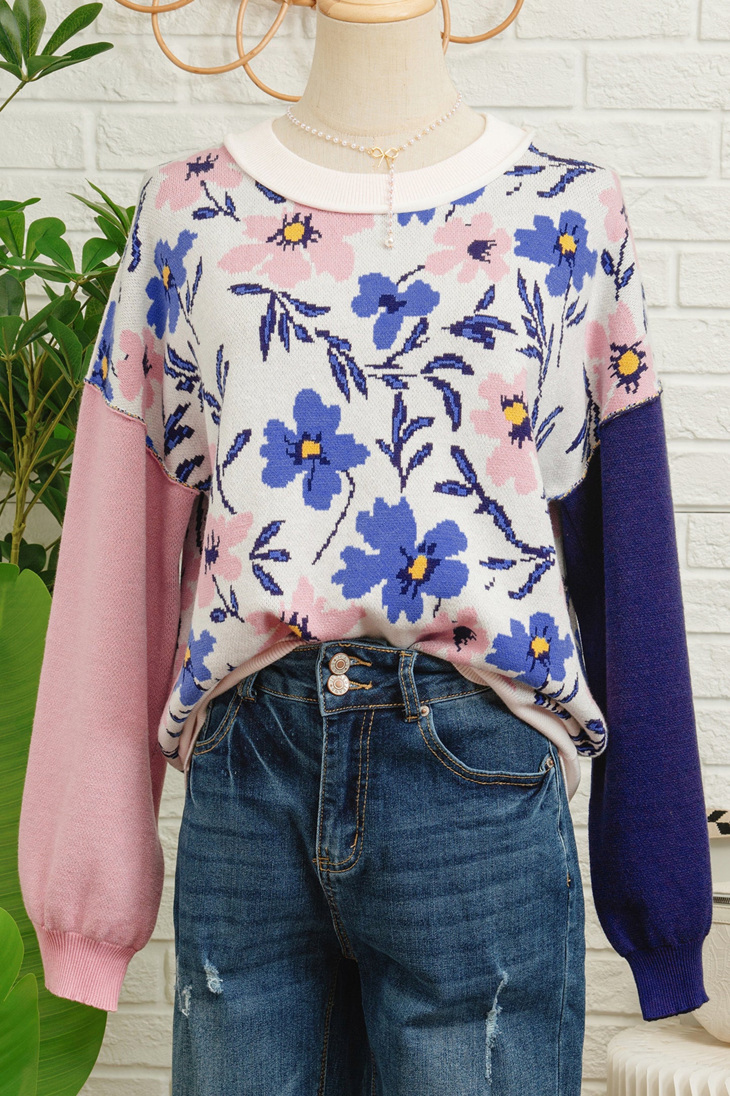 Khaki Floral Panel Colorblock Sleeve Patchwork Sweater