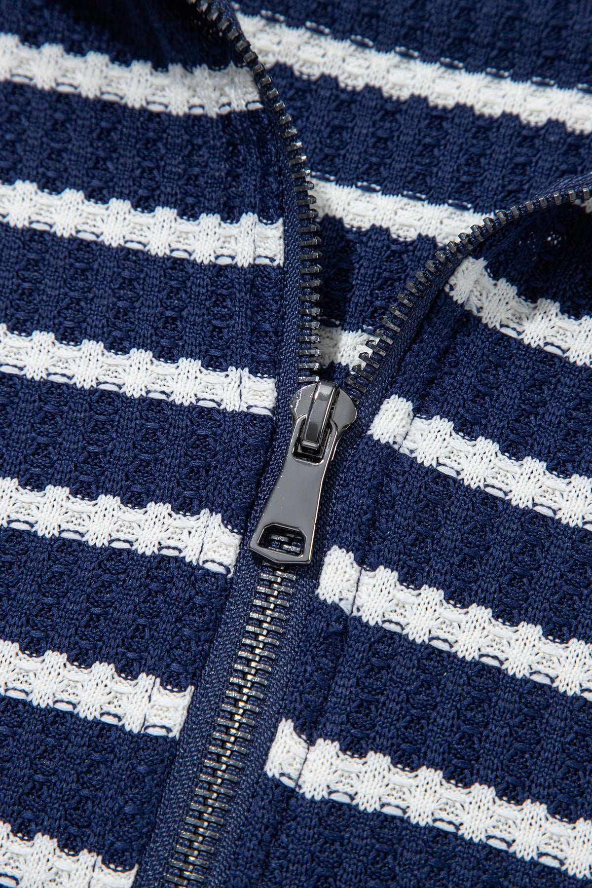 Blue Stripe Textured Knit Half Zip Collared Long Sleeve Top