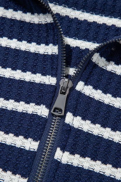 Blue Stripe Textured Knit Half Zip Collared Long Sleeve Top