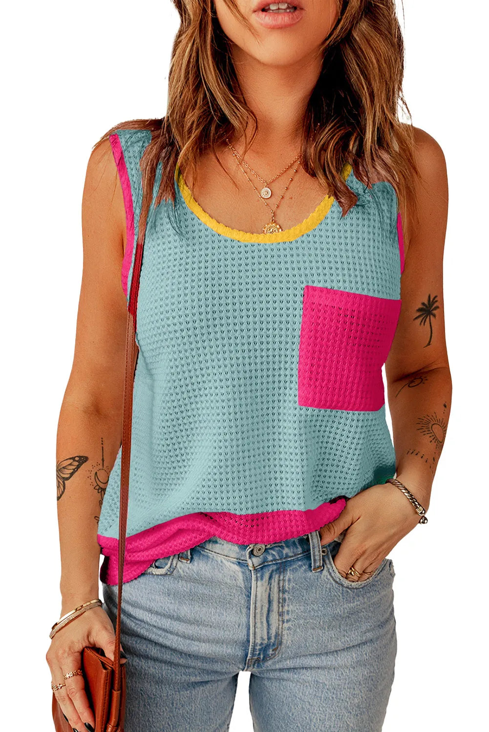 Light Blue Color Block Patched Pocket Breathable Knit Tank Top - Chic Meadow Boutique 