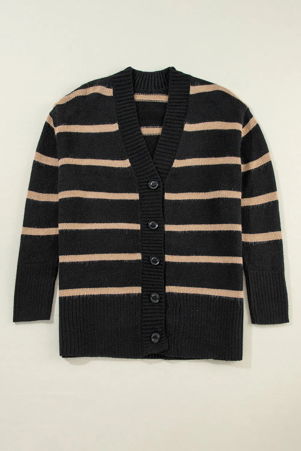 Black Stripe Buttoned V Neck Drop Shoulder Loose Cardigan - Chic Meadow Boutique 