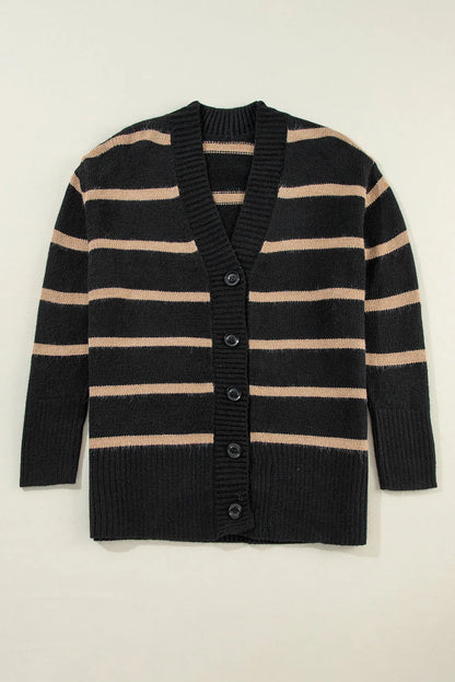 Black Stripe Buttoned V Neck Drop Shoulder Loose Cardigan - Chic Meadow Boutique 