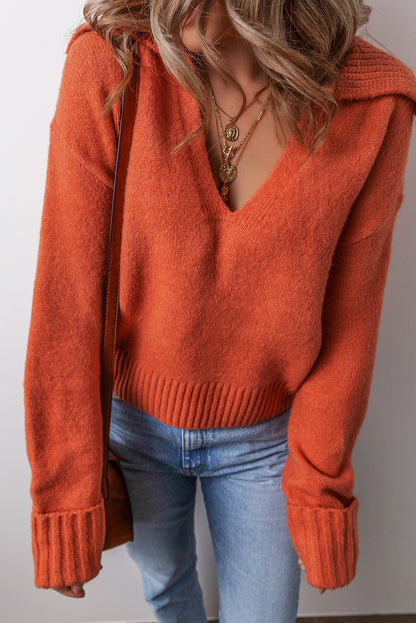 Flamingo Collared V Neck Ribbed Edge Sexy Elegant Sweater