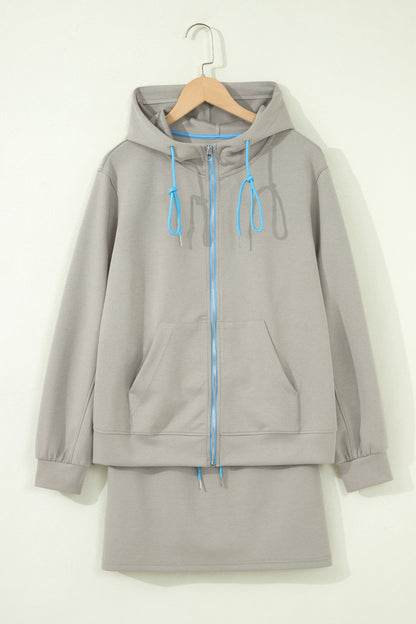 Smoke Green Contrast Trim Zip Up Sporty Jacket Drawstring Mini Skort 2pcs Set