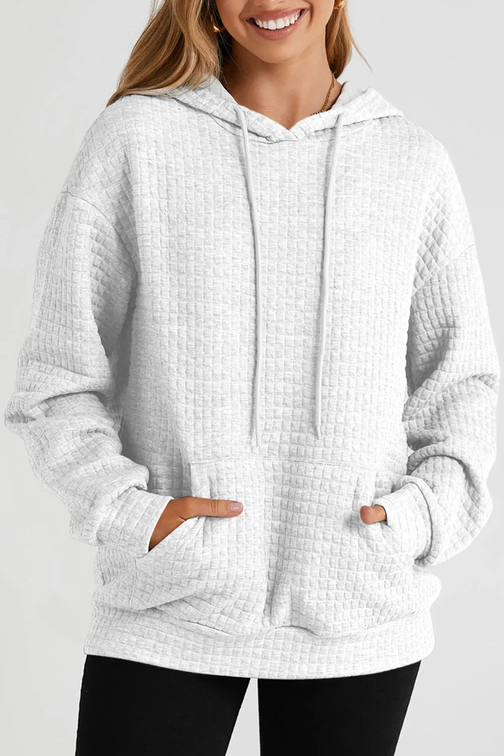 White Quilted Kangaroo Pocket Drawstring Hoodie - Chic Meadow Boutique 