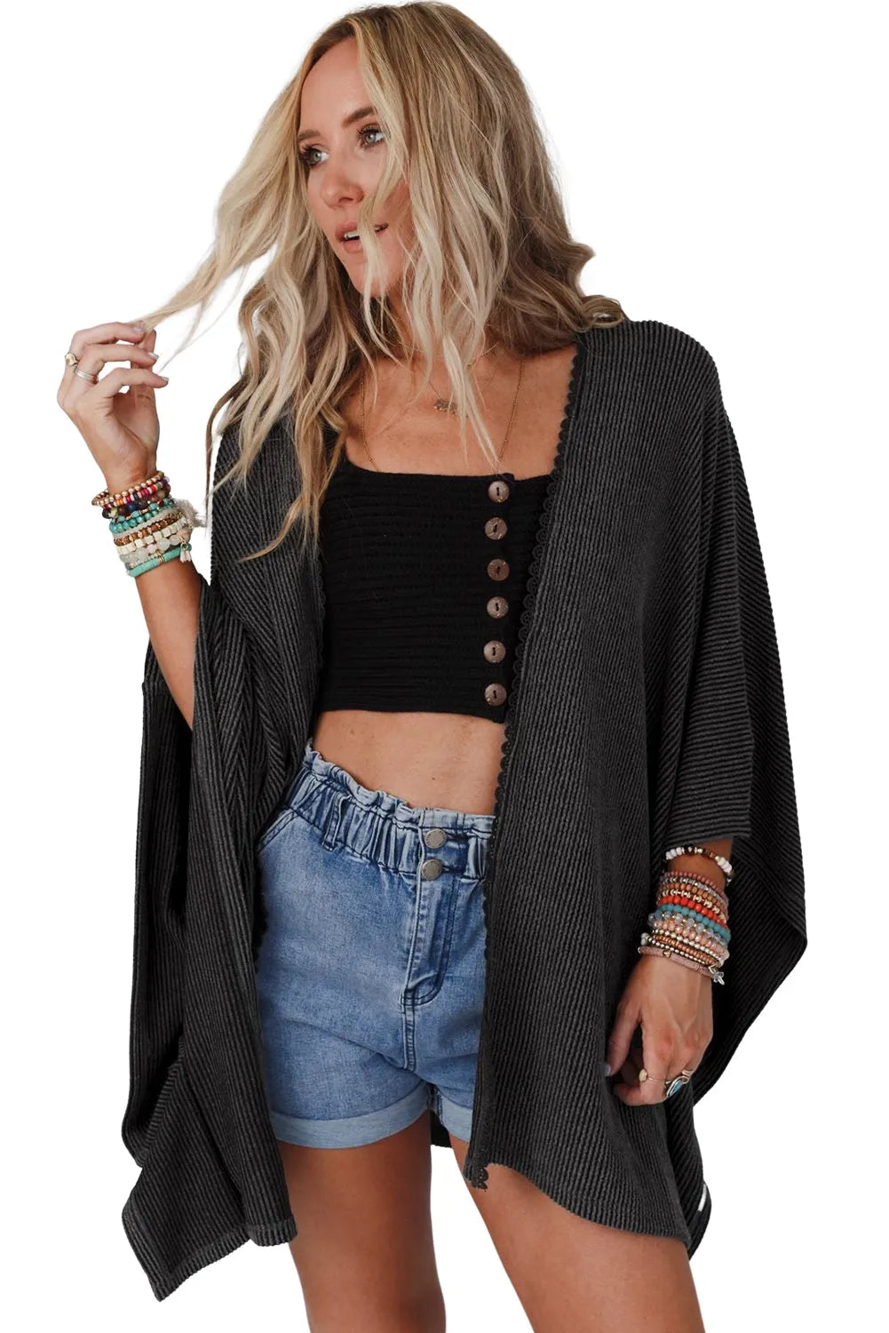 Black Lace Trim Ribbed Oversize Kimono - Chic Meadow Boutique 