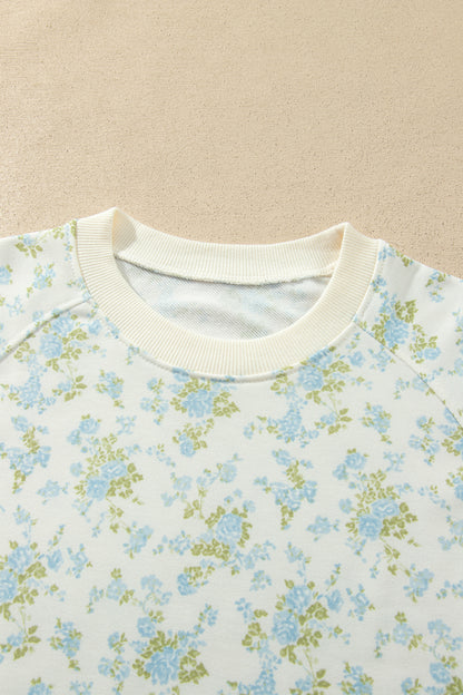 Sky Blue Floral Print Long Sleeve Top Drawstring Wide Leg Pants Set