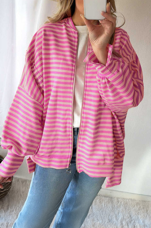 Pink Stripe Zip-up Puff Sleeve Zip Jacket Sweatshirt