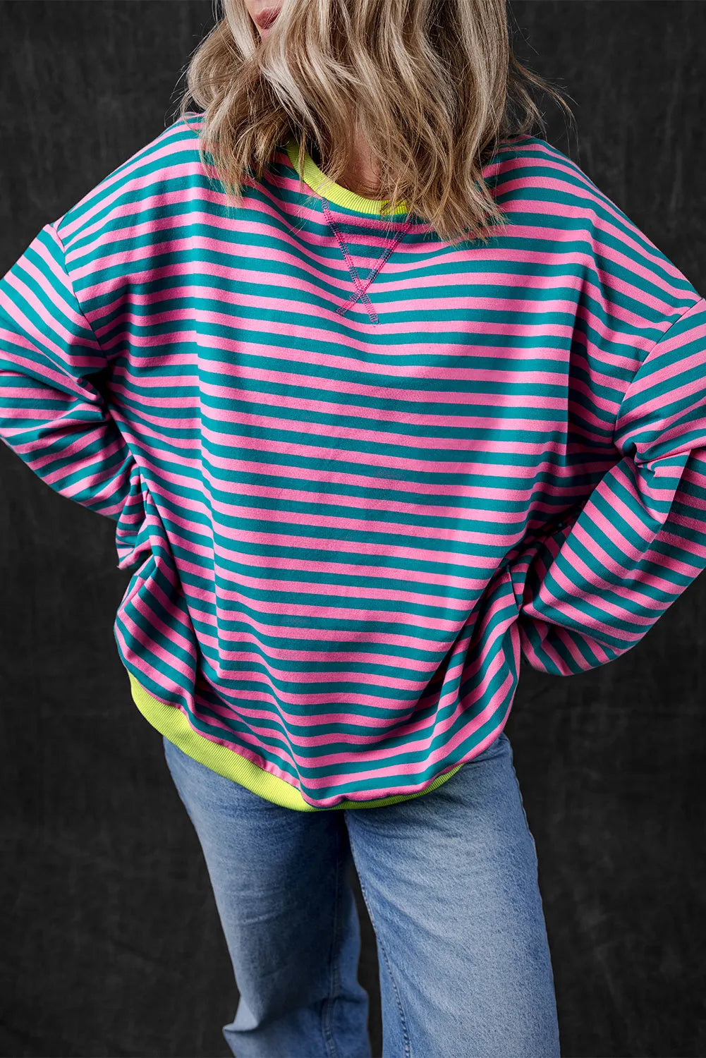 Green Stripe Oversized Contrast Trim Pullover Sweatshirt - Chic Meadow Boutique 