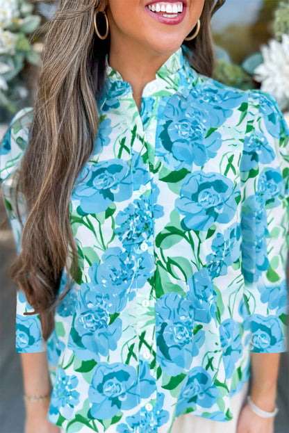 Green Floral Frilled Collar Three Quarters Sleeve Elegant Shirt