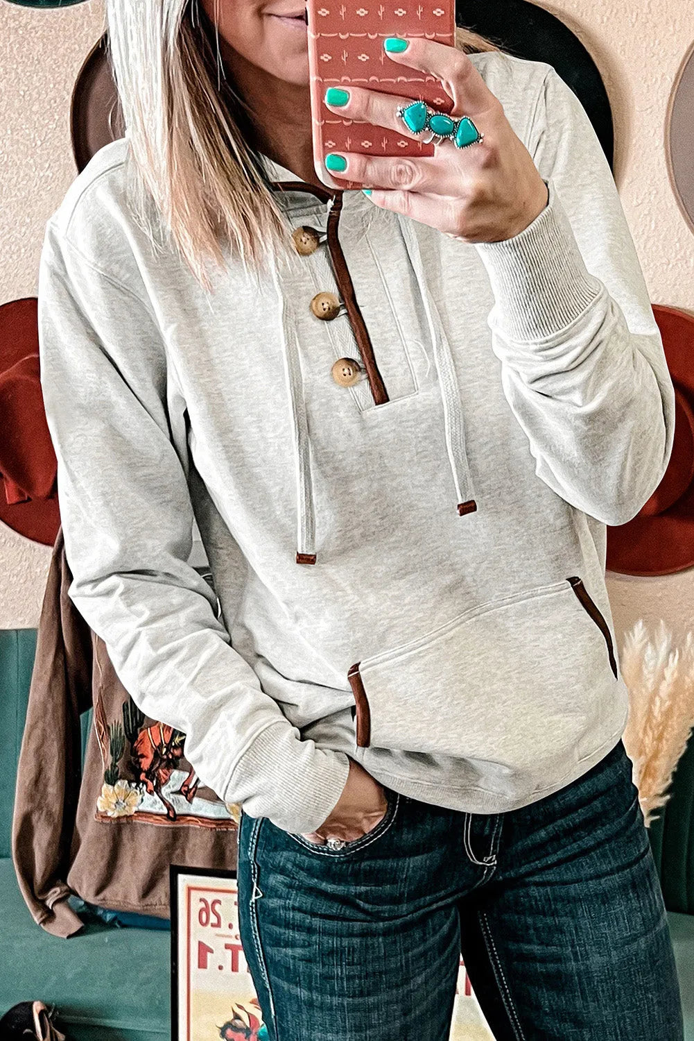 Beige Drawstring Kangaroo Pocket Henley Hoodie - Chic Meadow Boutique 