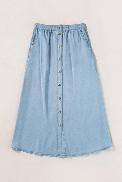 Bottoms/Skirts & Petticoat Mist Blue Fully Buttoned Long Denim Skirt