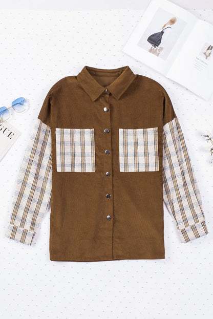 Brown Plaid Patchwork Corduroy Shirt Jacket with Pocket - Chic Meadow Boutique 