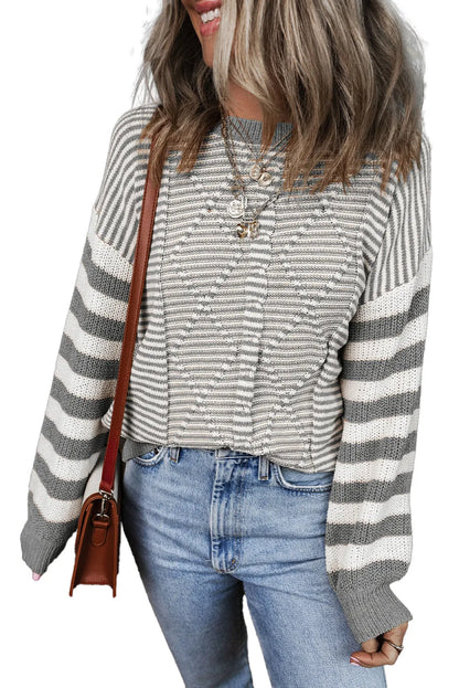 Gray Stripe Geometric Textured Drop Shoulder Sweater - Chic Meadow Boutique 