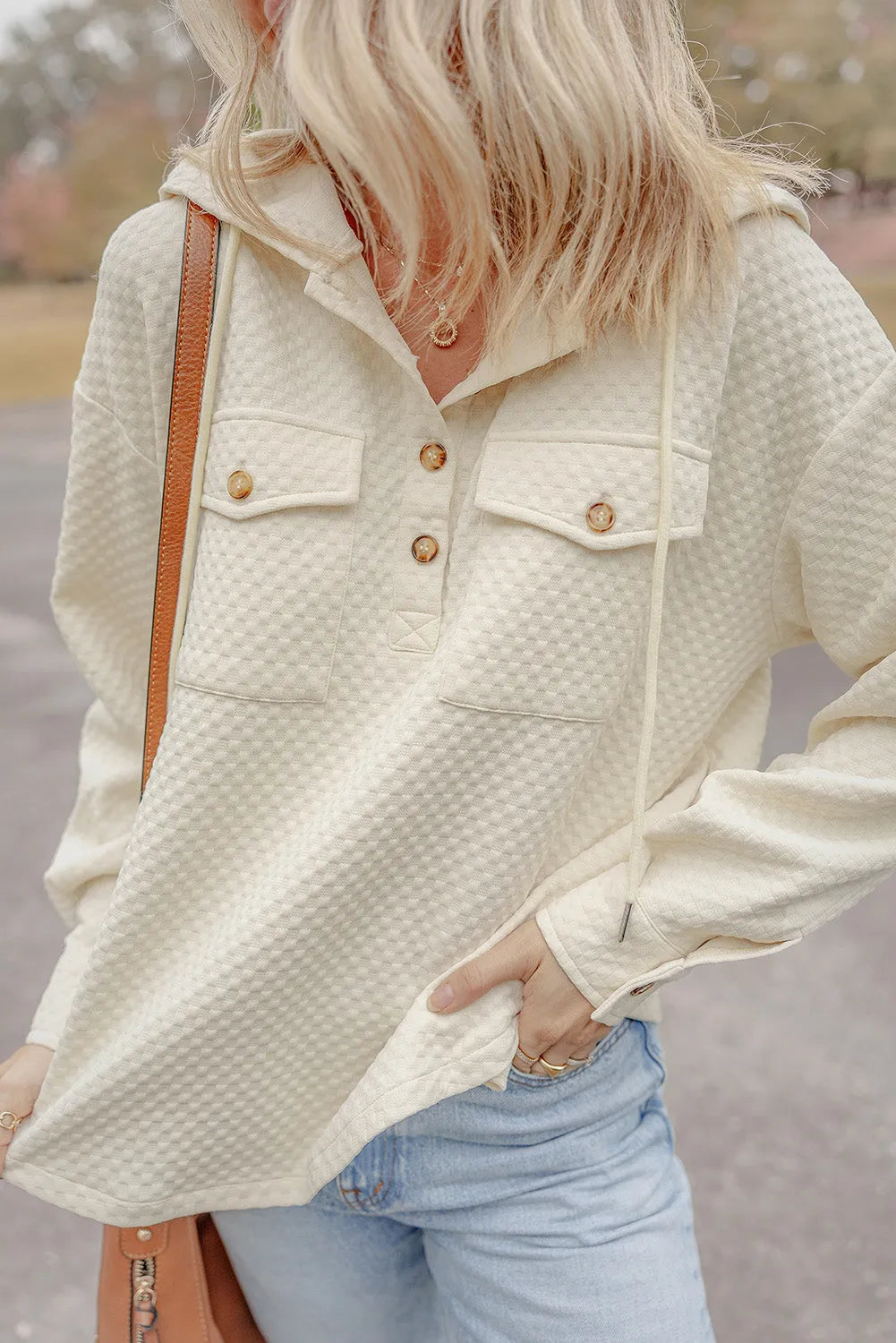 Apricot Textured Buttoned Neckline Side Pockets Hoodie - Chic Meadow Boutique 