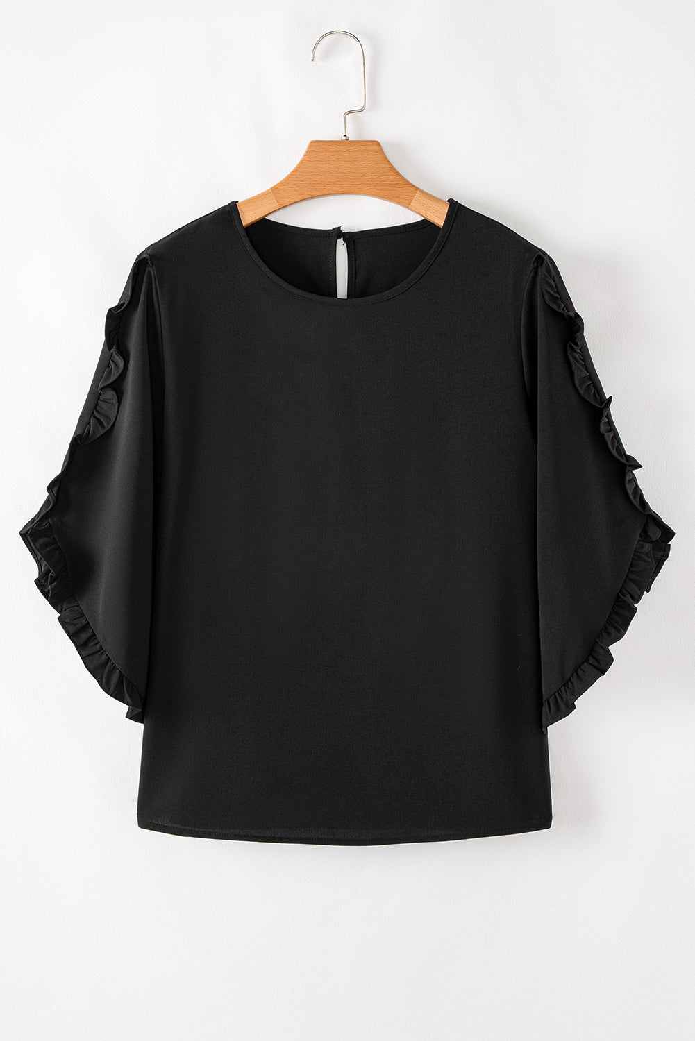 Black Ruffle Trimmed 3/4 Sleeve Round Neck Blouse