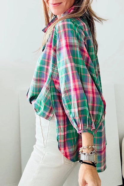 Green Checkered 3/4 Sleeve Collared Loose Fit Shirt - Chic Meadow Boutique 